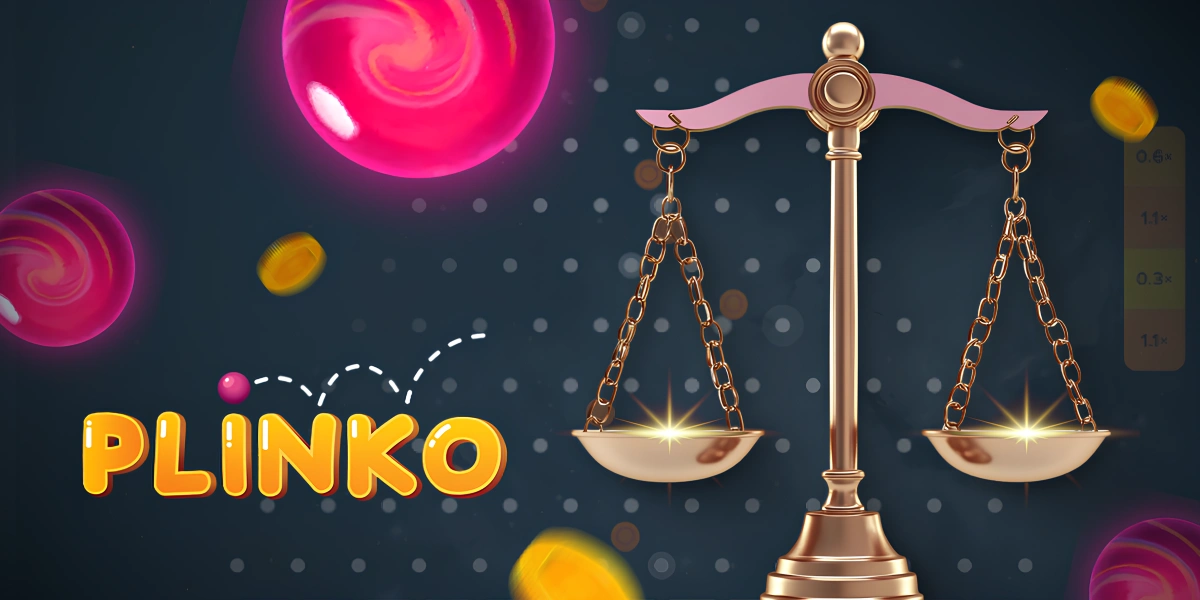 Billes Plinko et balance dorée symbolisant le jeu responsable sur un fond de plateau de jeu.